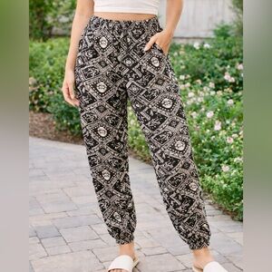 Boho Black & White Print Harem Pants • Elastic Waist • Lounge / Festival Vibes